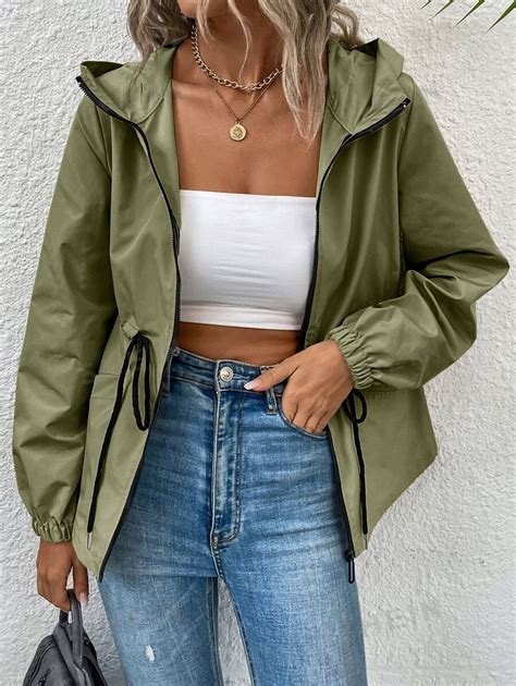 SHEIN LUNE Drawstring Waist Zip Up Hooded Jacket For Sale Australia