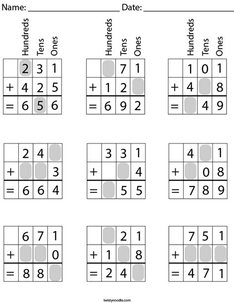 3 Digit Addition Fill In The Missing Numbers Math Worksheet Twisty Noodle