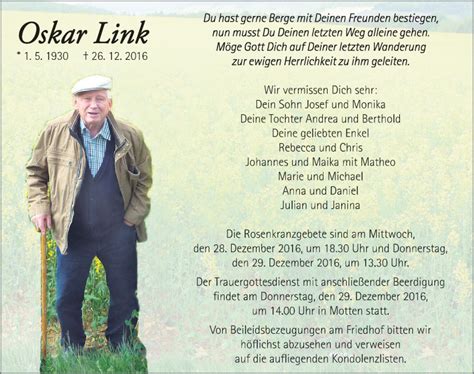 Traueranzeigen Von Oskar Link Trauer36 De