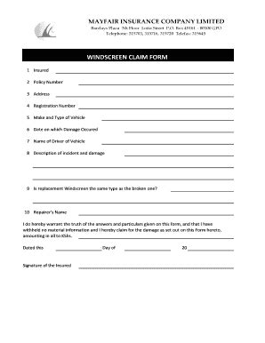 Fillable Online Windscreen Claim Form Xls Fax Email Print Pdffiller