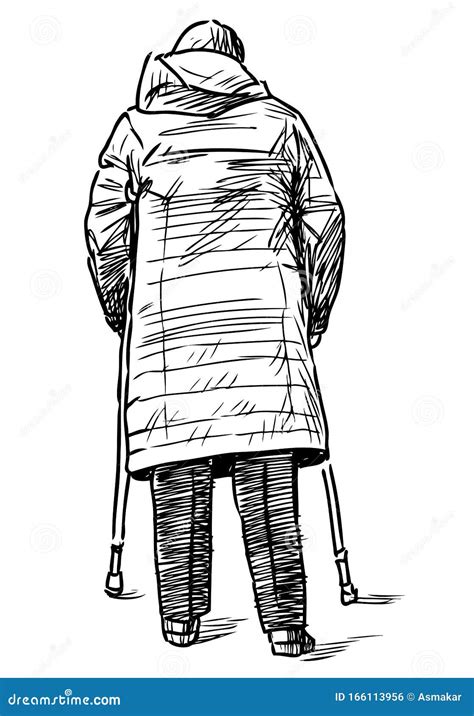 Sketch Of Old Townswoman With Sticks Going On A Stroll Stock Vector