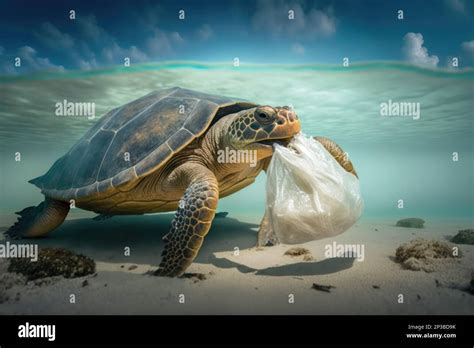 Turtle With A Plastic Bag In Its Mouth On The Sand Plastic Pollution