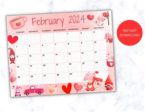 Editable February 2024 Calendar Printable Happy Valentines Day