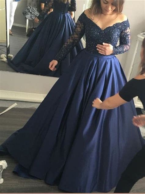 Dark Blue Long Sleeves Lace Prom Gown Navy Blue Prom Dress Formal Dr