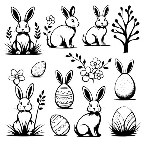 Premium Vector A Set Of Black And White Drawings Rabbits And Flowers