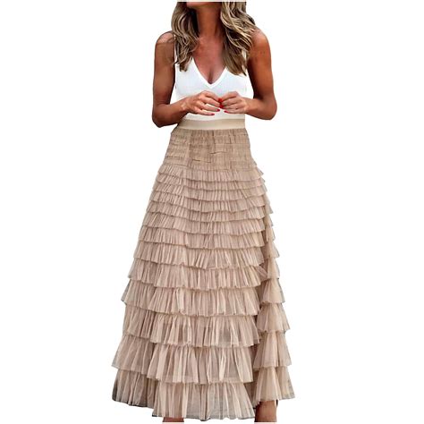 Whlbf Womens Skirts Midi Length Plus Sizewomens Colored Wooden Ear Patchwork Pleated Half Body