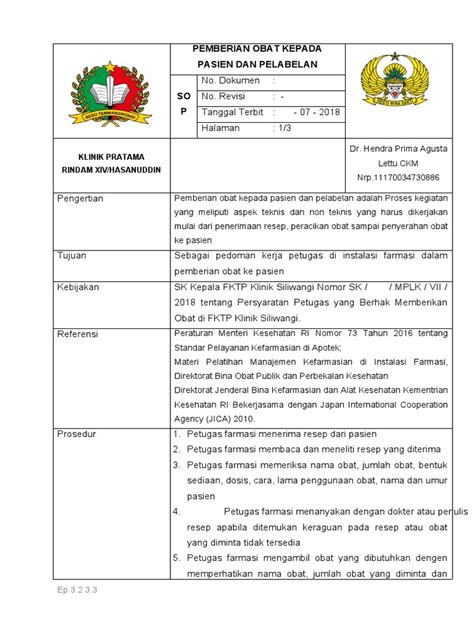 Sop Pemberian Obat Kepada Pasien Dan Pelabelan Pdf