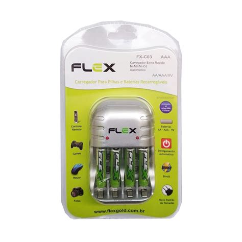 Carregador Flex 4 Pilhas AAA 1100 mAh Recarregáveis Desligamento