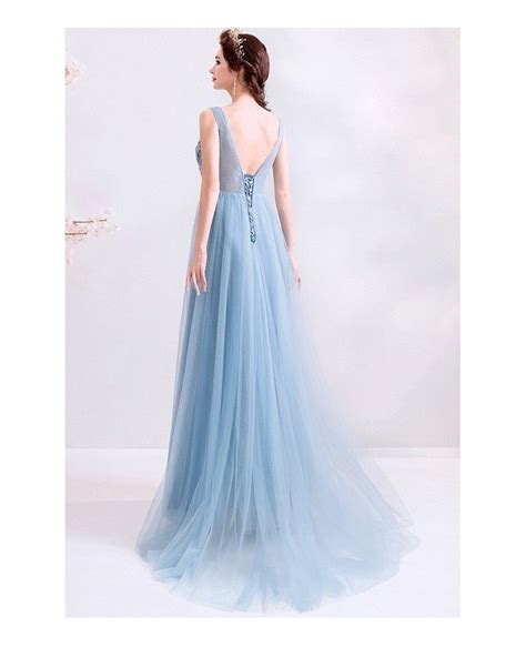 Blue Aline Tulle Vneck Prom Dress With Embroidery Sleeveless Wholesale