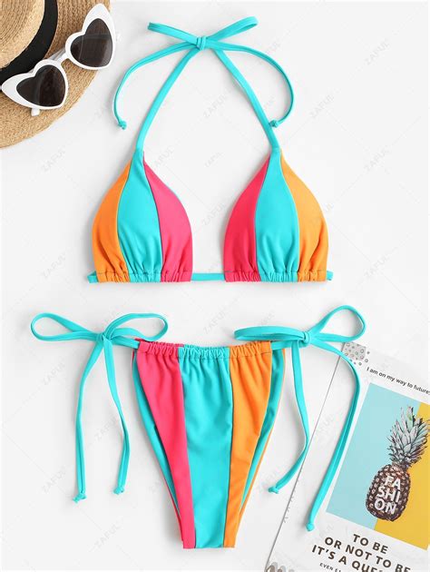 ZAFUL Neon Colorblock Tied String Bikini Swimwear Outfit Gr