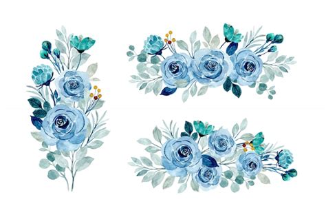 Colección de bouquet floral azul con acuarela Vector Premium