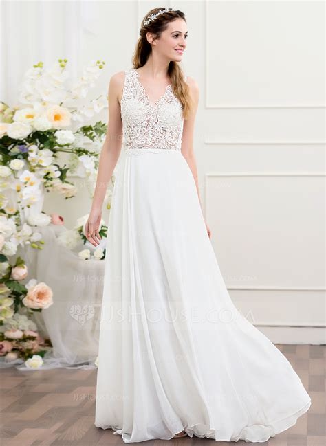 A Line Princess V Neck Sweep Train Chiffon Wedding Dress 002095817