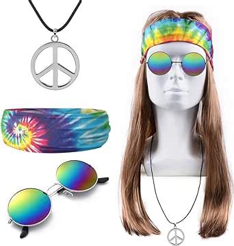 IZoeL Costume Hippie Parrucche Hippie 4 Pezzi Parrucca Occhiali Da