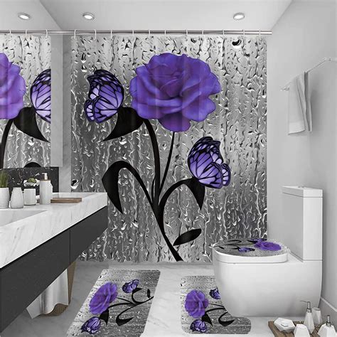 Amazon XVWJ 4pcs Purple Roses Butterfly Shower Curtain Sets For