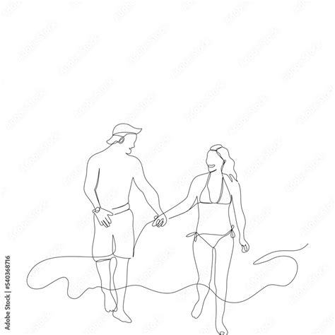 Front View Of Couple Wearing Swimming Costumes Are Walking Together In