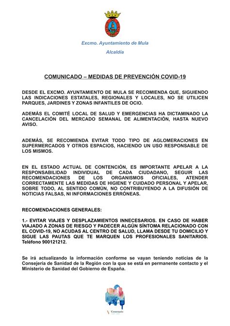 Comunicado Medidas De Prevenci N Covid Ayuntamiento De Mula