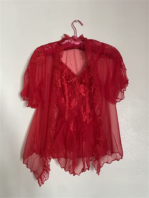 VTG S S Lingerie SET Red Nylon Lace Ruffles Gem