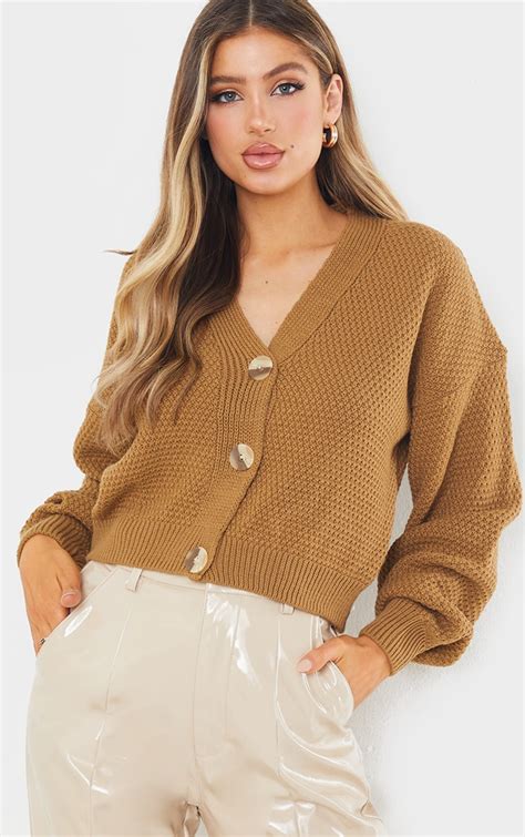 Camel Chunky Knit Button Down Cropped Cardigan Prettylittlething Aus