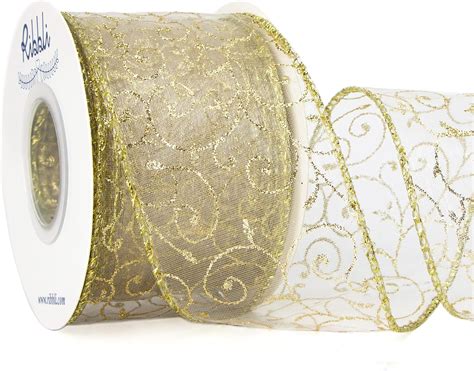 Ribbli Swirl Glitter Wired Ribbon Ivory Organza Sheer