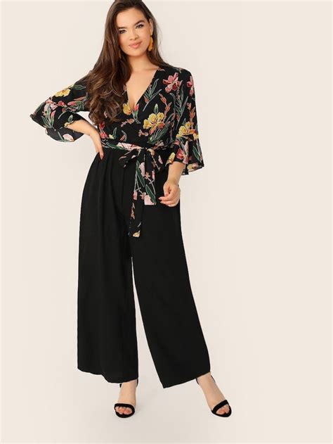 Plus Surplice Neck Self Belted Botanical Palazzo Jumpsuit Shein