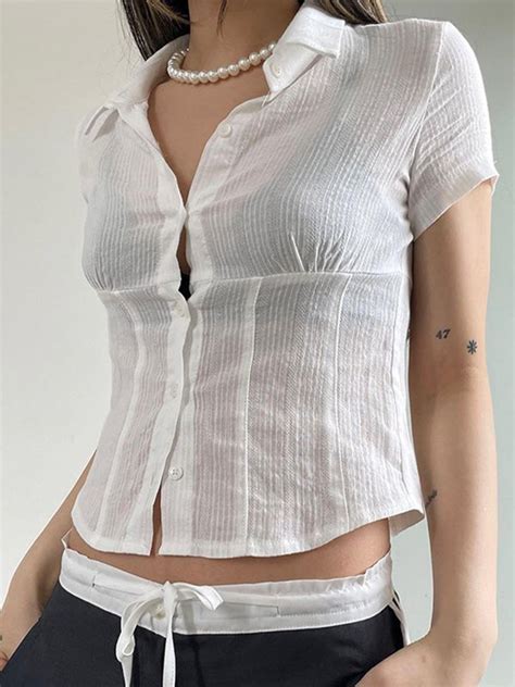 Emmiol Free Shipping 2025 White Sheer Short Sleeve Blouse White M In