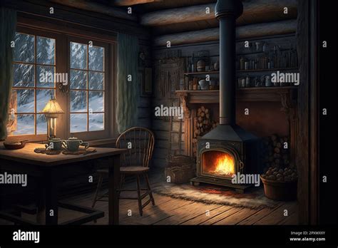 cabin interior, Winter, fireplace Stock Photo - Alamy