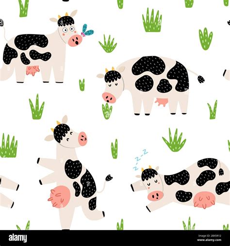 Funny Countryside Seamless Pattern With Cute Cows Stock Vector Image