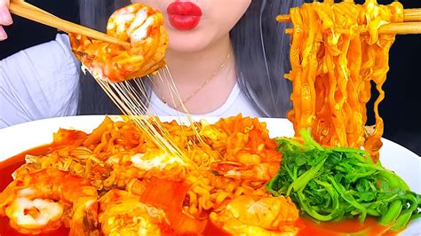 ASMR SEAFOOD SHRIMP CHEESY SPICY NOODLES MUKBANG RELAXING RAINING