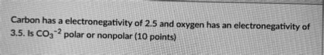 SOLVED: Carbon has a electronegativity of 2.5 and oxygen has an electronegativity of 3.5. Is CO3 ...