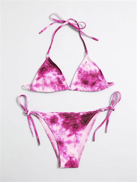 Emmiol Free Shipping Tie Dye Hanging Neck Lace Up Triangle Bikini