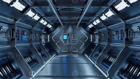 Science background fiction interior rendering sci-fi spaceship corridors blue light. 5599528 ...