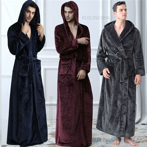 Men Hooded Extra Long Thermal Bathrobe Plus Size Winter Flannel Thickening Warm Kimono Bath Robe