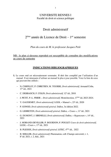 Plan droit admin UNIVERSITE RENNES I Faculté de droit et science