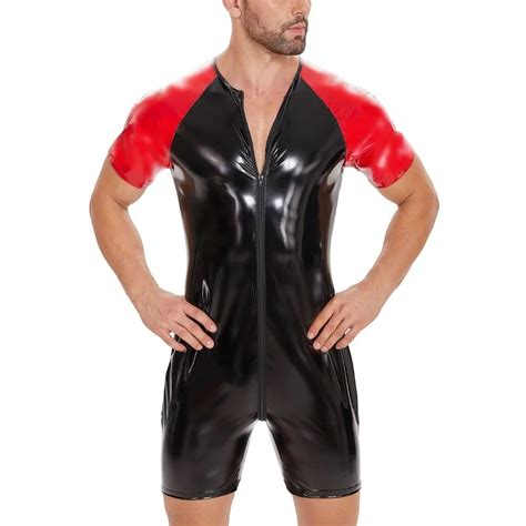 Men Wet Look Catsuit Zipper Faux Leather Jumpsuits Wrestling Singlet