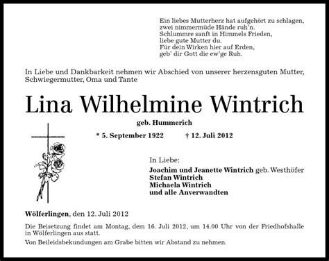 Traueranzeigen Von Lina Wilhelmine Wintrich Rz Trauer De