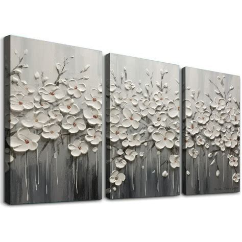 ONETECH Bedroom Wall Art White Flowers Picture Hand Painted Oil