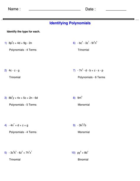 Monomials And Polynomials Worksheets Identifying Type Of Worksheets Library