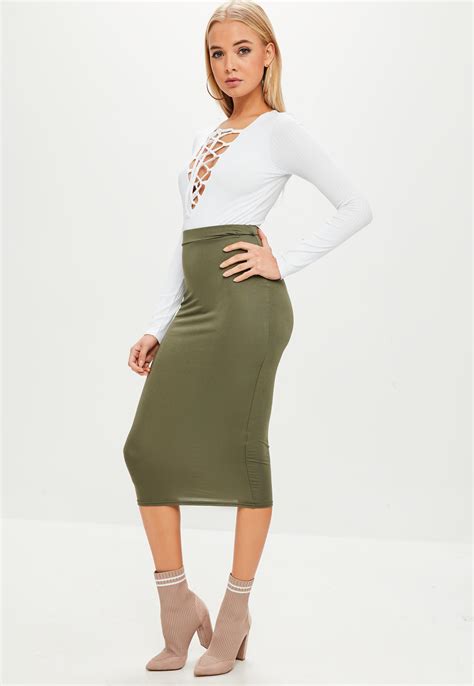 Lyst Missguided Khaki Jersey Midi Skirt In Green