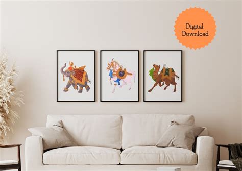 Set Of 3 Indian Wall Art Decor Animals Elephant Horse Camel Digital