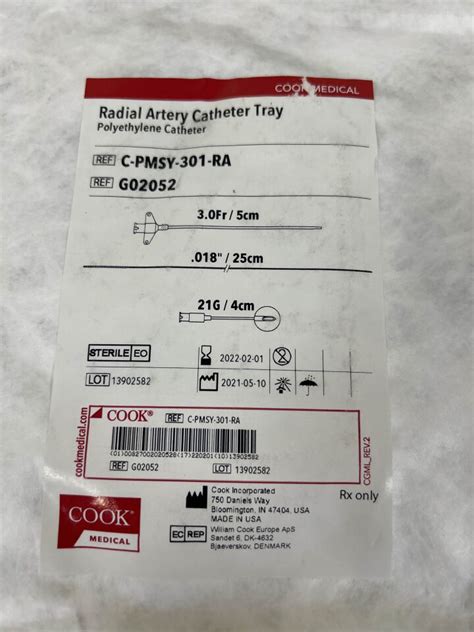 New Cook G02052 Radial Artery Catheter Tray Polyethylene Catheter