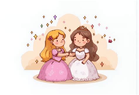 Adorable Blonde And Brunette Chibi Princesses In Pastel Dresses A Charming Korean Style Cartoon