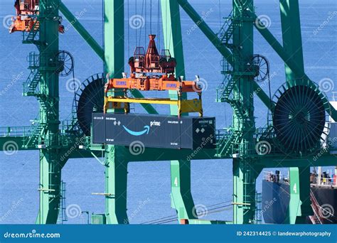 Amazon Prime Shipping Container Suspended From A Port Crane Editorial