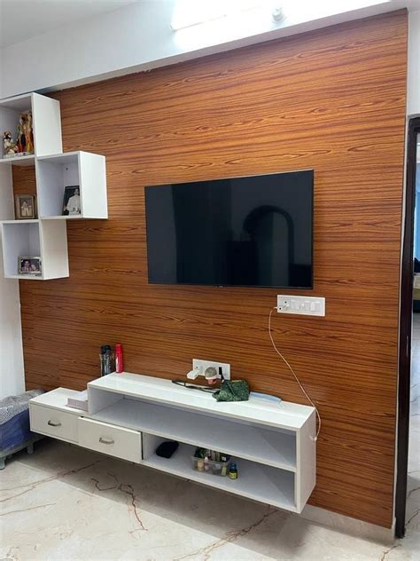 White And Brown Wall Mounted Glossy Wooden Tv Unit For Residential At