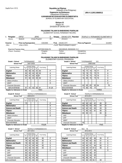 DepEd Form 137-E | Philippines | Southeast Asia