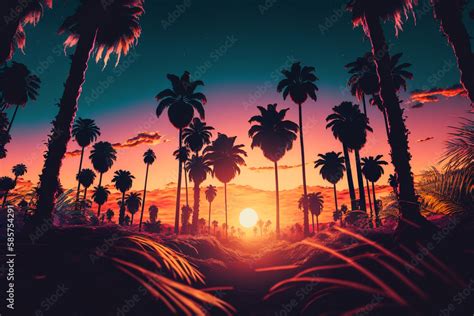 Sunset With Synth Wave Vibes And Palm Trees 80s Retro Color Scheme