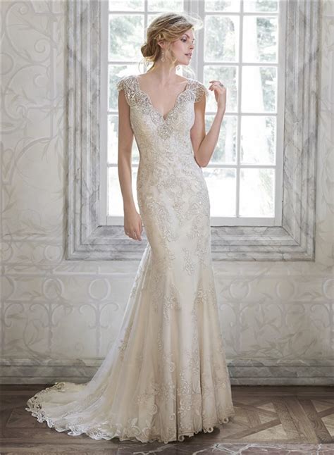 Stunning Mermaid V Neck Backless Cap Sleeve Lace Beaded Wedding Dress