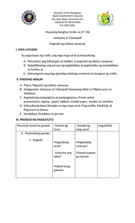 Banghay Aralin Lit 106 Baao Community College San Juan Baao Camarines Sur College Of
