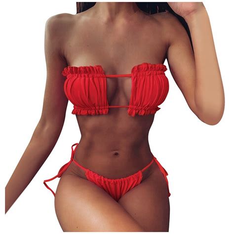 STRÓJ KĄPIELOWY BIKINI BANDEAU MARSZCZONY RED L 10758589789 oficjalne archiwum Allegro