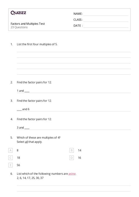 50 Factors And Multiples Worksheets For 3rd Class On Quizizz Free