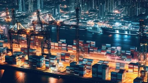 Premium Ai Image A Large Container Ship Is Docked At Night In A Large